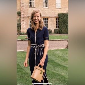 J. Crew Belted wool blend knot Polo Collar shirt Dress w contrasting piping (s)